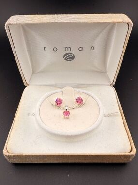 Roman Gift-Jewelry Set Pink Gems Silver Necklace and Earrings NIB